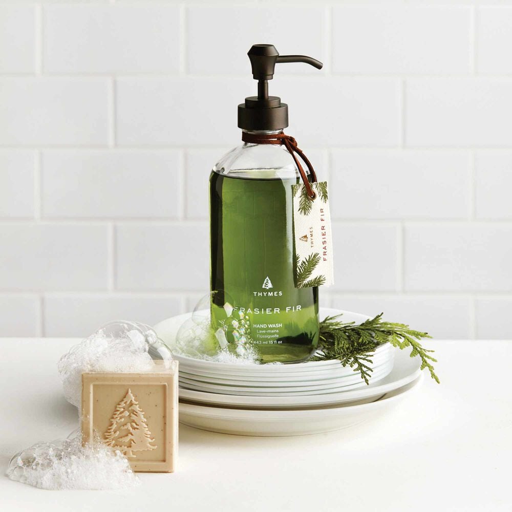 Thymes Frasier Fir Heritage Large Hand Wash and Bar Soap On Display image number 4